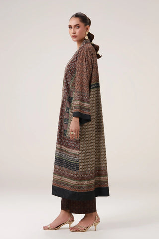 Front-open long length printed shrug, featuring Urdu calligraphy of poetry by Allama Iqbal. 