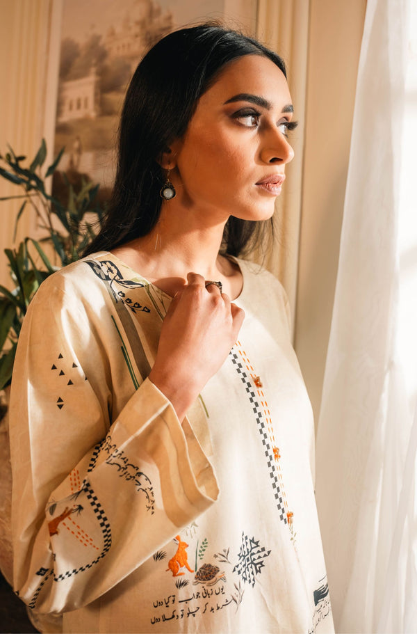 Shopmanto UK, Pakistani urdu calligraphy clothing brand manto UK ready to wear women one piece safar (journey of life) ivory cream urdu long lawn cotton kurta shirt