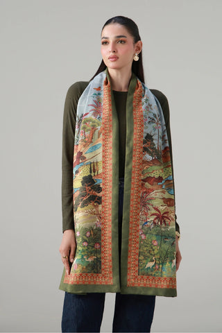 Blue color Herringbone printed stole featuring the words of Shakeeb Jalali calligraphed throughout.