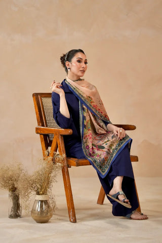 Lightweight printed crinkle silk beige scarf, featuring Urdu calligraphy throughtout.