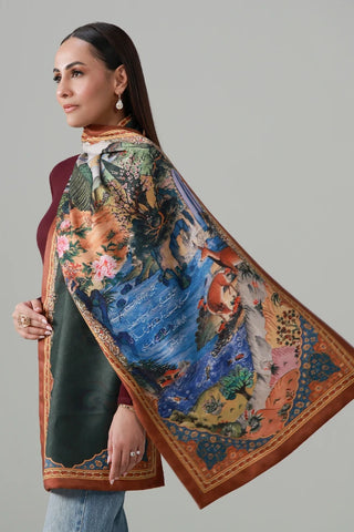 Multi color Stole, made from Herringbone, is a printed stole featuring the words of Manzoor Hashmi calligraphed throughout.