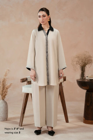 Manto Women's Ready to Wear Beige 2 Piece Matching Co-Ord Set with Embroidery