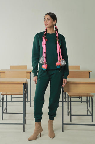 Manto's Unisex Premium Fleece Green Sanki Sweatshirt Featuring Urdu Sanki Motif at the back Paired with Pink Jogger Pants