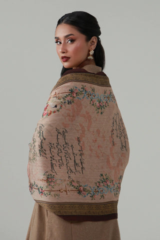 Beige crinkle silk scarf featuring the words of Sahir Ludhianvi calligraphed throughout.