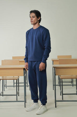 Manto's Unisex Premium Fleece Blue Sanki Sweatshirt Paired with Blue Jogger Pants