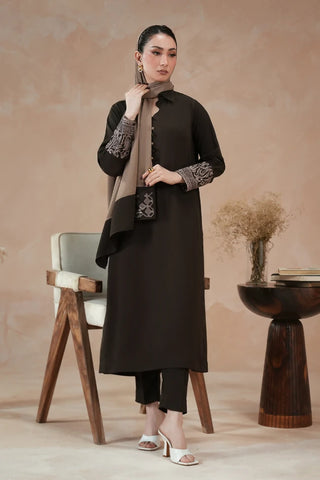 Manto Women's Ready to Wear Brown Matching 2 Piece Co-Ord Set with Embroidery