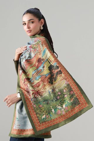 Blue color Herringbone printed stole featuring the words of Shakeeb Jalali calligraphed throughout.