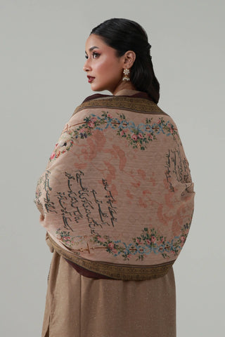 Beige crinkle silk scarf featuring the words of Sahir Ludhianvi calligraphed throughout.