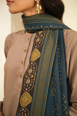 Shop Aashiyana Odhni, made from Cotton Silk in teal color, a printed odhni that features the words of Allama Iqbal.