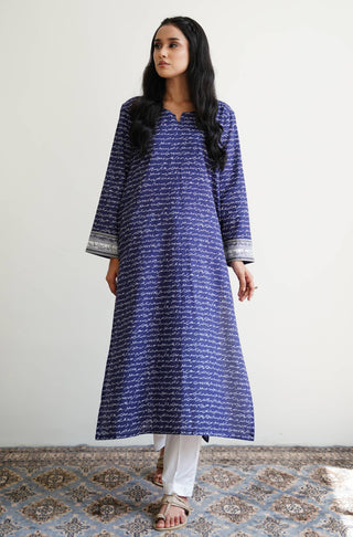 Manto UK Women's Ready To Wear 1 Piece Long Virsa Lawn Shirt Blue Featuring Urdu Calligraphy of Poetry by Allama Iqbal & Illustration of National Elements of Pakistan