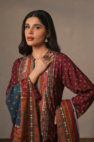 3 piece printed co-ord set in Maroon color made from premium cotton silk.