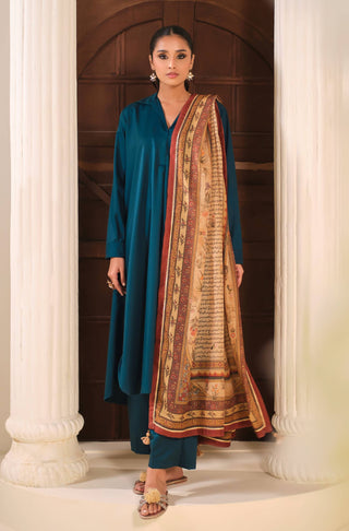 Manto Women's 1 Piece Golden Dupatta with Urdu Calligraphy Paired with Teal Solid Co-Ord