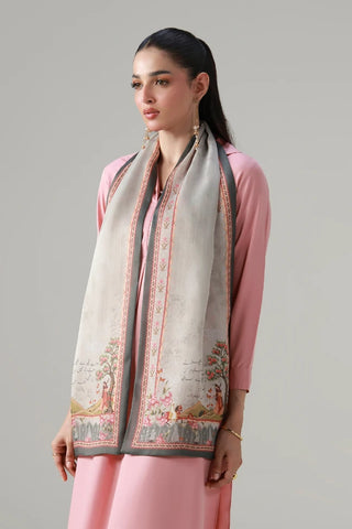 Pink Stole made from crinkle silk and is calligraphed with the words of Ahmad Faraz throughout.