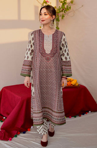 Shopmanto UK, manto UK, manto pakistani clothing brand, urdu calligraphy clothes, manto UK winter ready to wear arzoo (desire) off white and maroon two piece coord set with long shirt kurta and straight pants, pakistani urdu long shirt