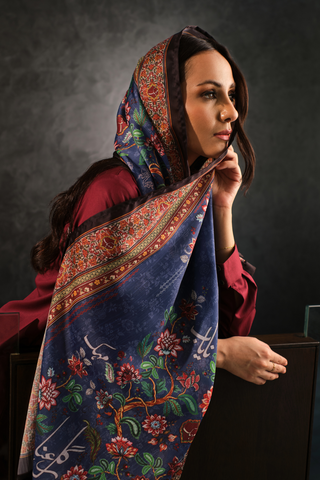 Manto Women's Crinkled Silk Blue Rania Scarf Featuring Urdu Words 