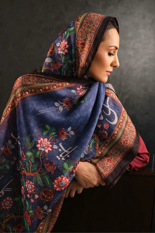 Manto Women's Crinkled Silk Blue Rania Scarf Featuring Urdu Words 
