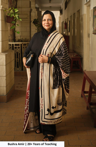 Bushra Amir in Manto's Unisex Teacher's Day Azm Odhni with Urdu Calligraphy