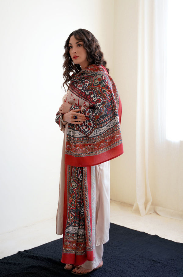Talaash (Search/Quest) - Beige & Red Shawl - Manto UK