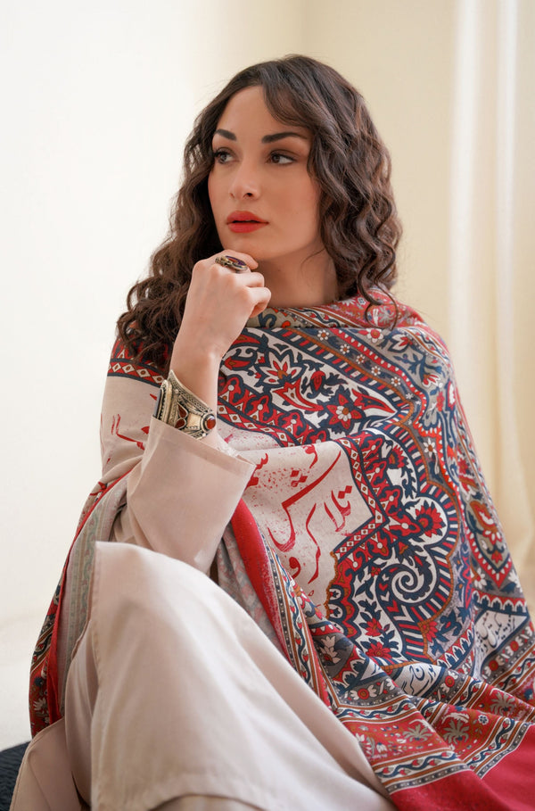 Talaash (Search/Quest) - Beige & Red Shawl - Manto UK